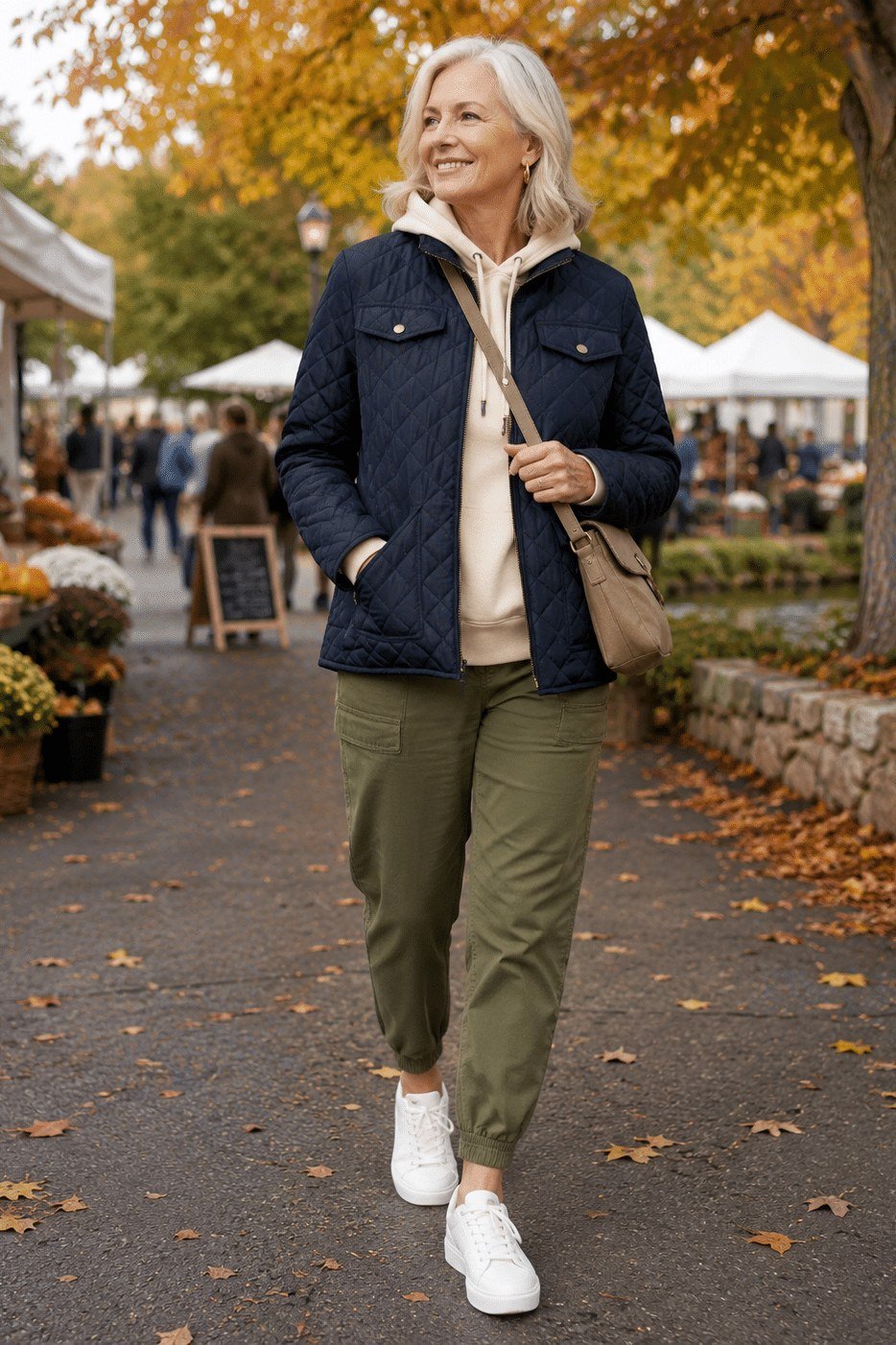 Easy casual outfit idea for women over 50: navy quilted jacket and olive pants, older woman everyday style