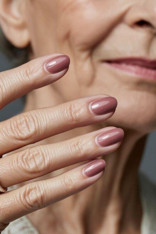 Mauve almond nails on mature woman