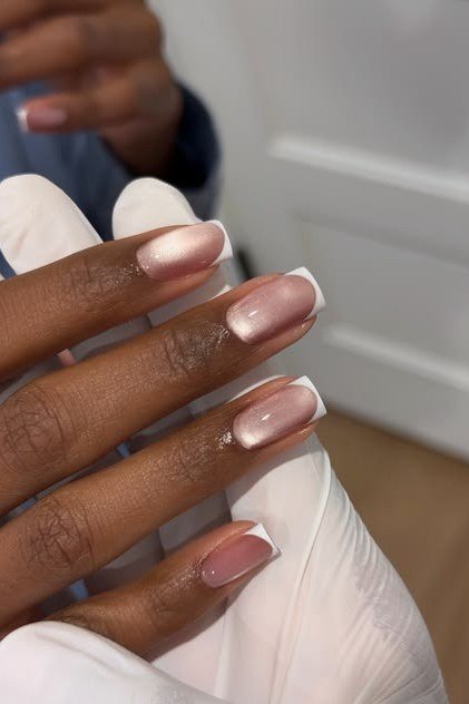 Chrome Pink Square Nails - elegant nail art idea for mature hands, women over 50
