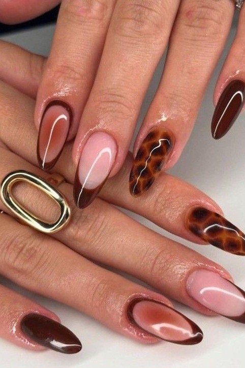 Dark Chocolate Almond Nails with Tortoise, chocolate brown fall nail design for women over 60
