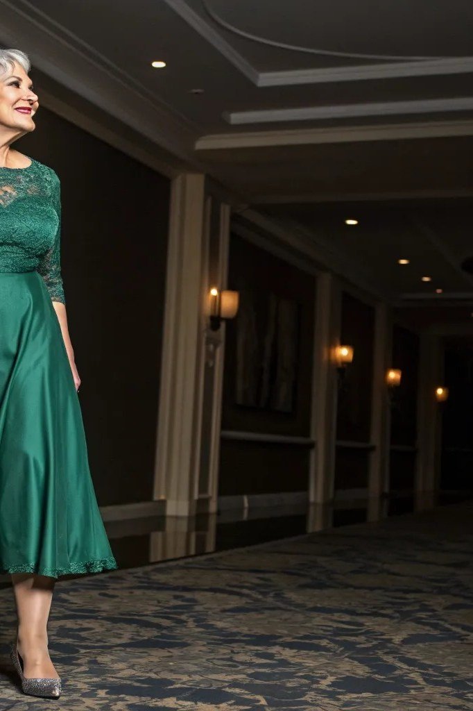 emerald green twirl dress, older woman, elegant cocktail dress for women over 60