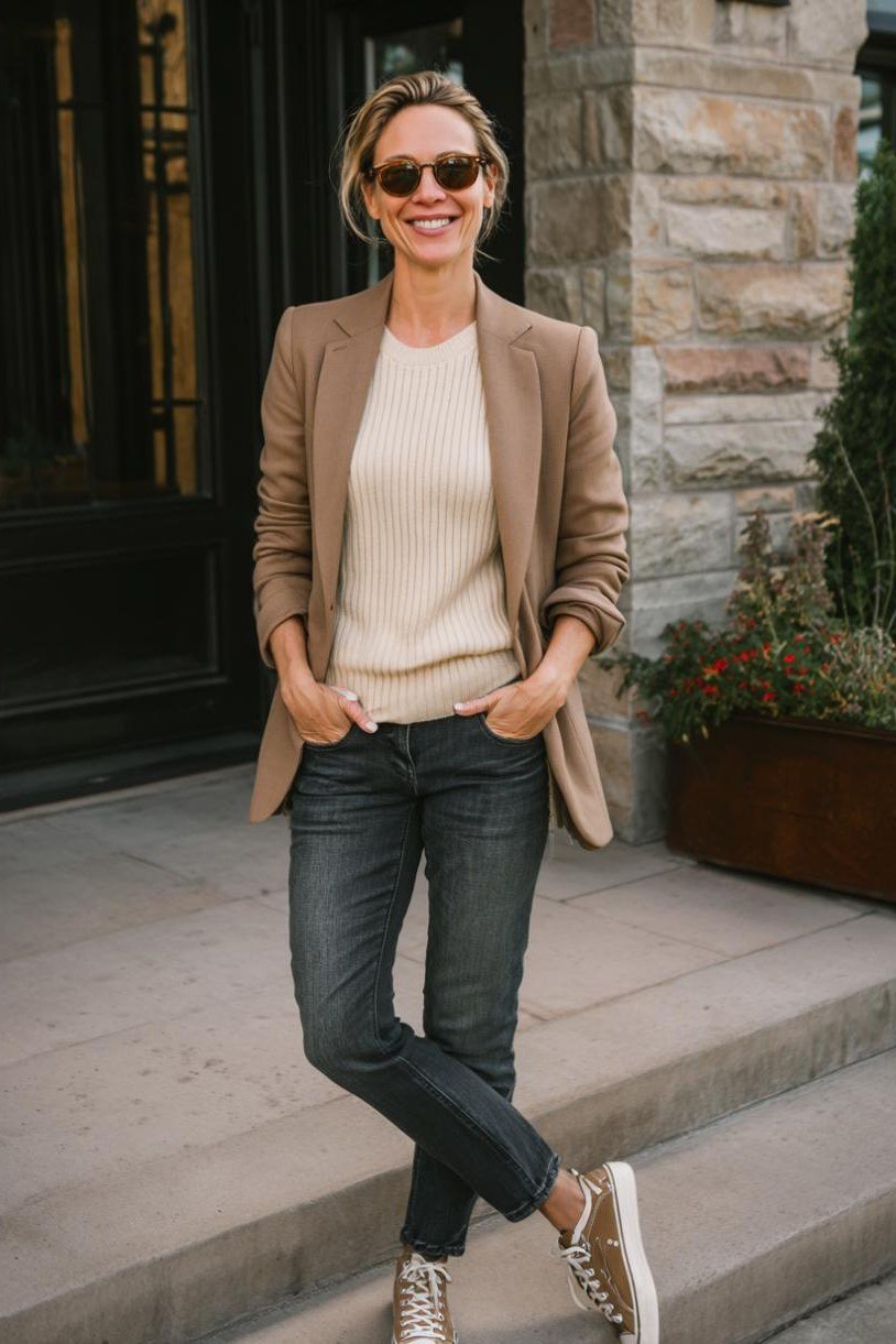 Camel blazer jeans sneakers camel blazer cream top dark jeans white sneakers 40s - fall outfit idea for women over 40