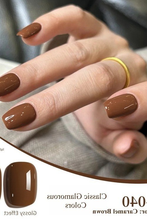 Caramel Brown Almond Nails with Gold Ring - brown nail idea for women over 50