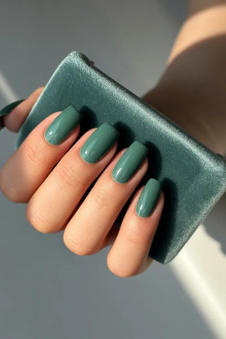 Forest Green Glossy Oval Nails - winter nail trend for older women over 70