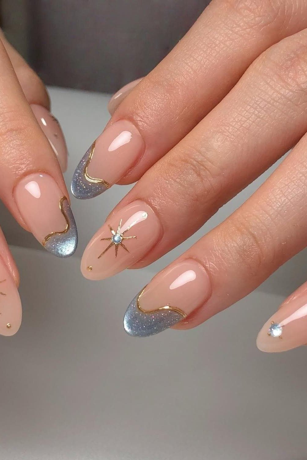 Silver Starburst Tip Nails - nude nail art idea for women over 40