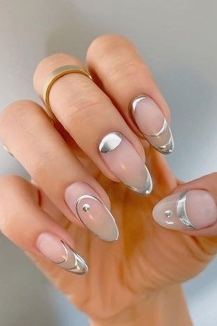 Silver Chrome French with Tiny Dot Art - chrome nail designs for women over 60