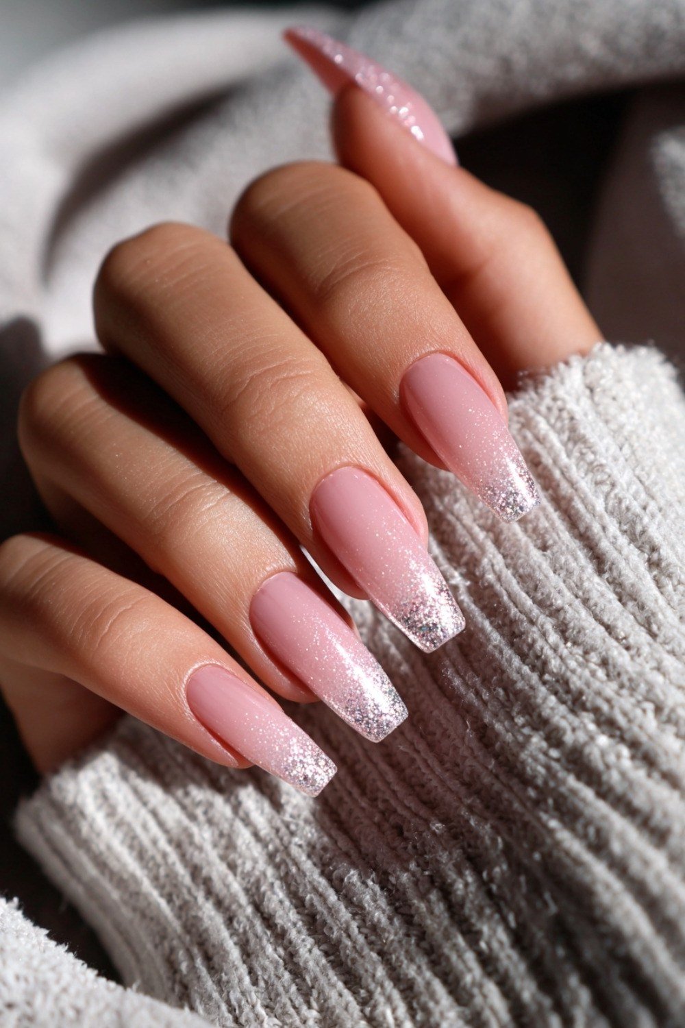 frosty pink white baby boomer ombre on long coffin nails