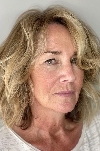 Soft Blonde Wavy Shag - medium shag haircut for women over 40