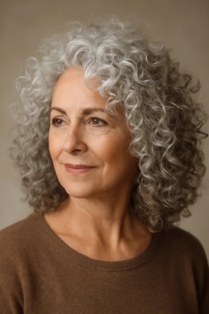 Salt-and-pepper curly bob front view - curly hairstyle for women over 60