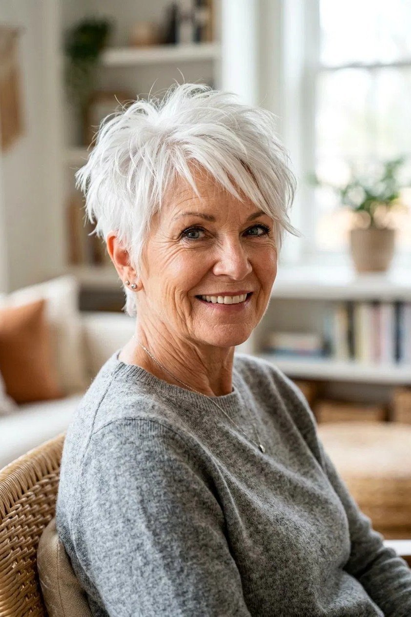White wispy pixie with relaxed soft layers at home