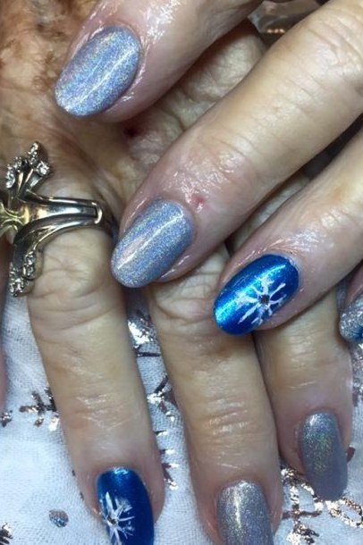Blue Nails with White Snowflake Art for women over 60