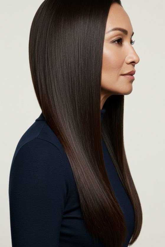 Very long sleek straight dark hair for women over 50