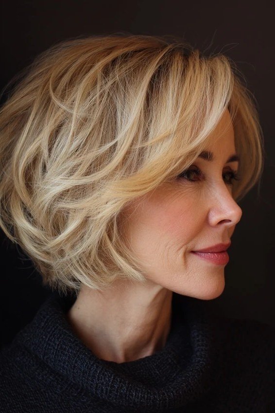 honey blonde layered bob, side view — chin-length layered bob hairstyle for women over 50