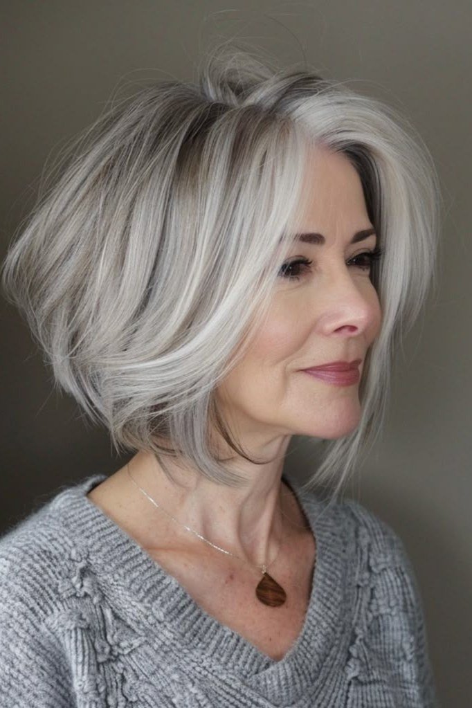 Silver Lob with Side Sweep and Grey Sweater - layered lob hairstyle for women over 60