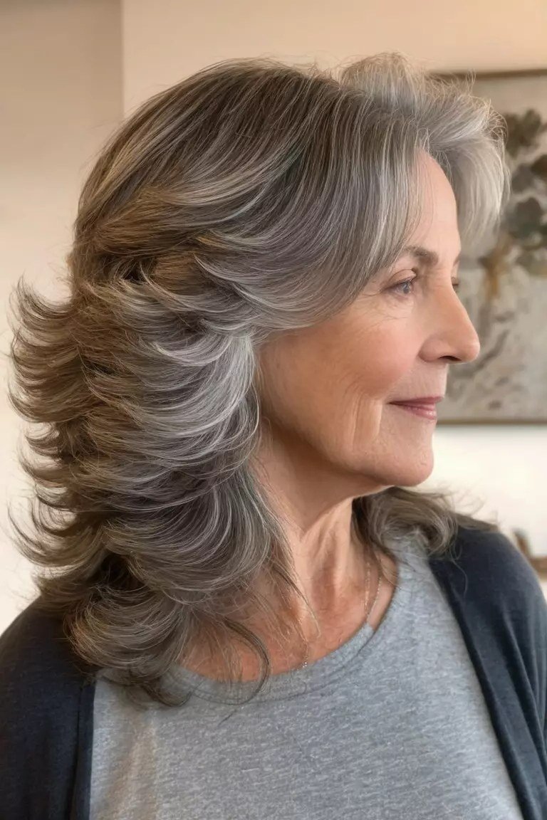 Silver-Grey Wavy Butterfly Cut - butterfly cut hairstyle for women over 60