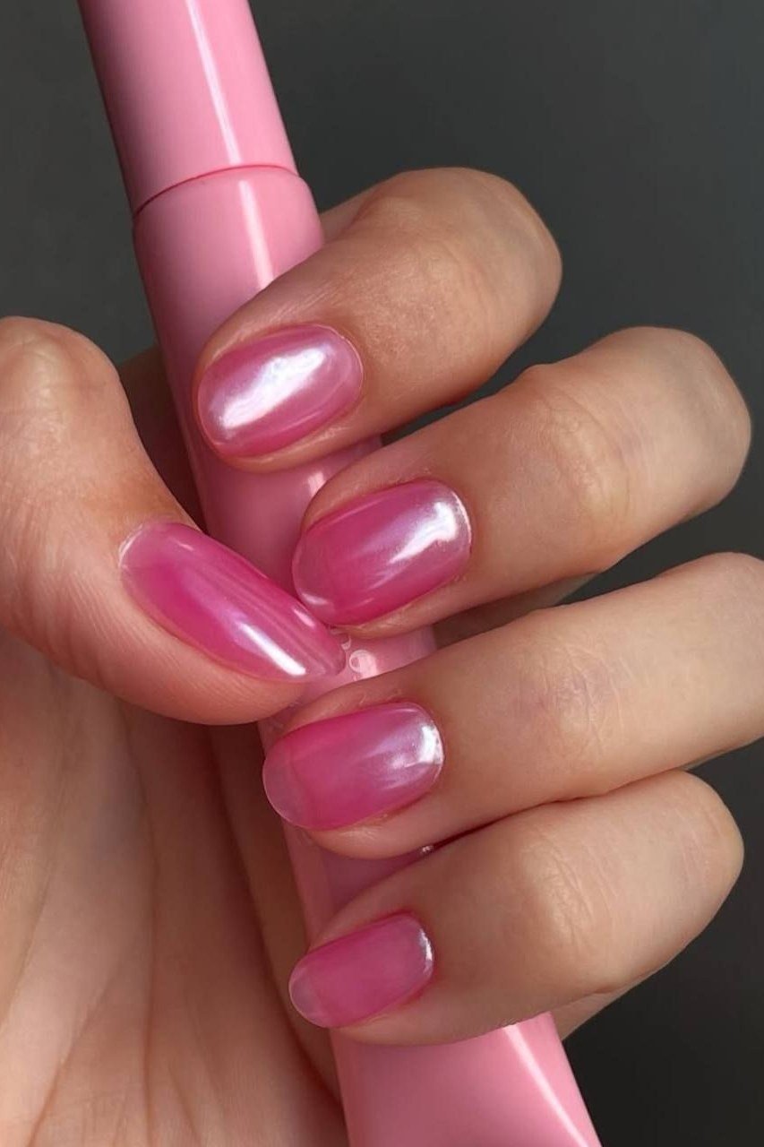 Squoval pink chrome glazed nails