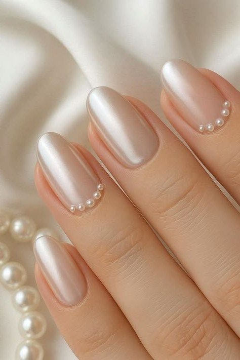 Champagne Pearl Almond Nails with Cuticle Pearls - pearl finish nail idea for women over 60