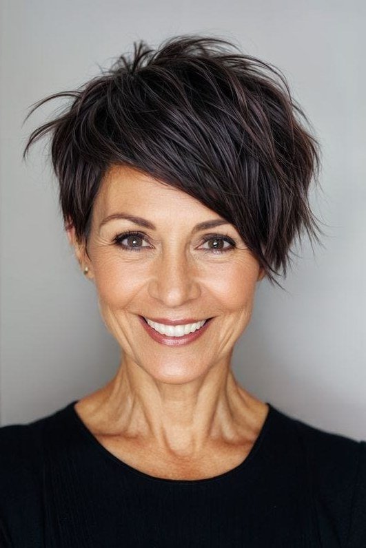 Dark Asymmetrical Pixie - bold edgy pixie haircut for women over 50