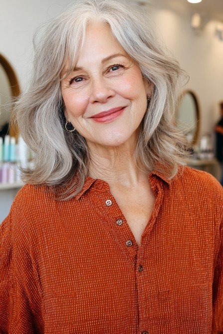 Gray wavy shoulder-length cut with soft natural movement for women over 60