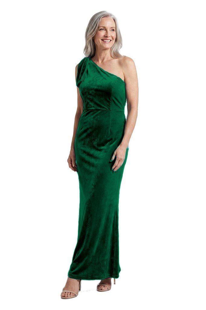 emerald green one-shoulder velvet gown