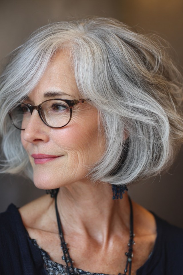 Silver Bob with Glasses, Side View - short wavy bob hairstyle for women over 60