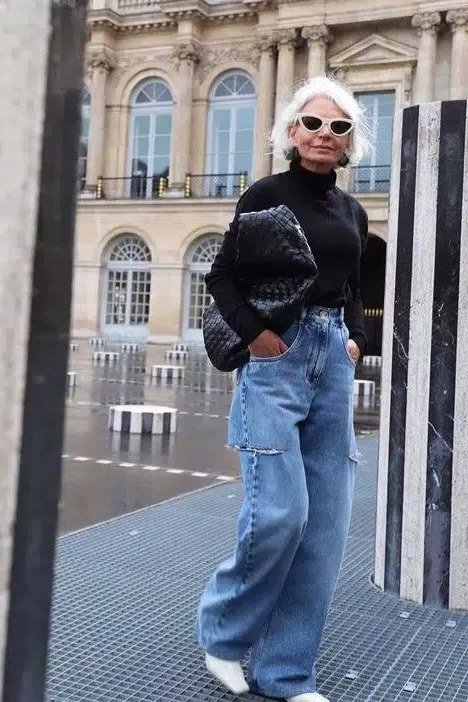 black turtleneck wide leg jeans women over 50