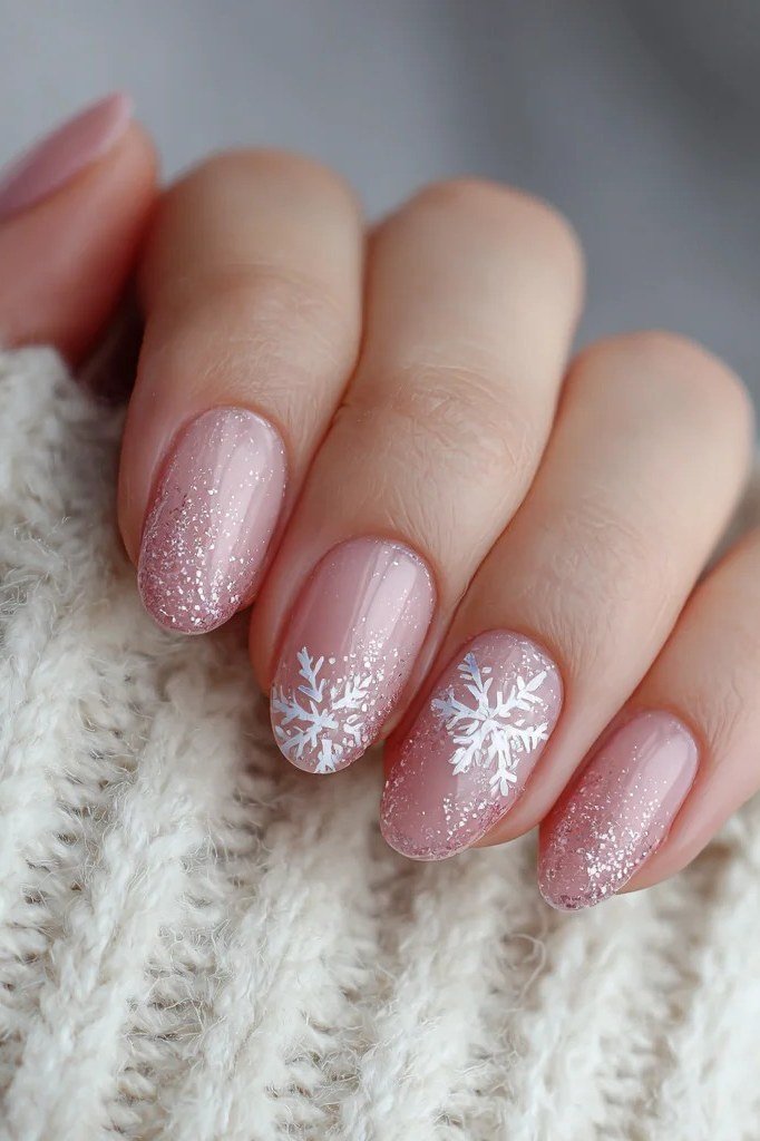pink with white snowflakes, white sweater