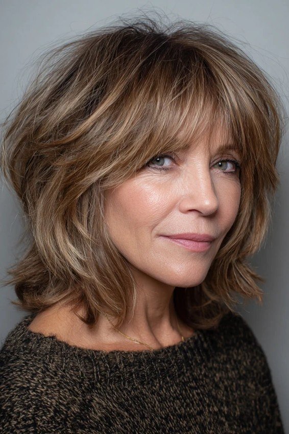 Caramel-highlighted brown layered medium-length hairstyle with bangs, for women over 50