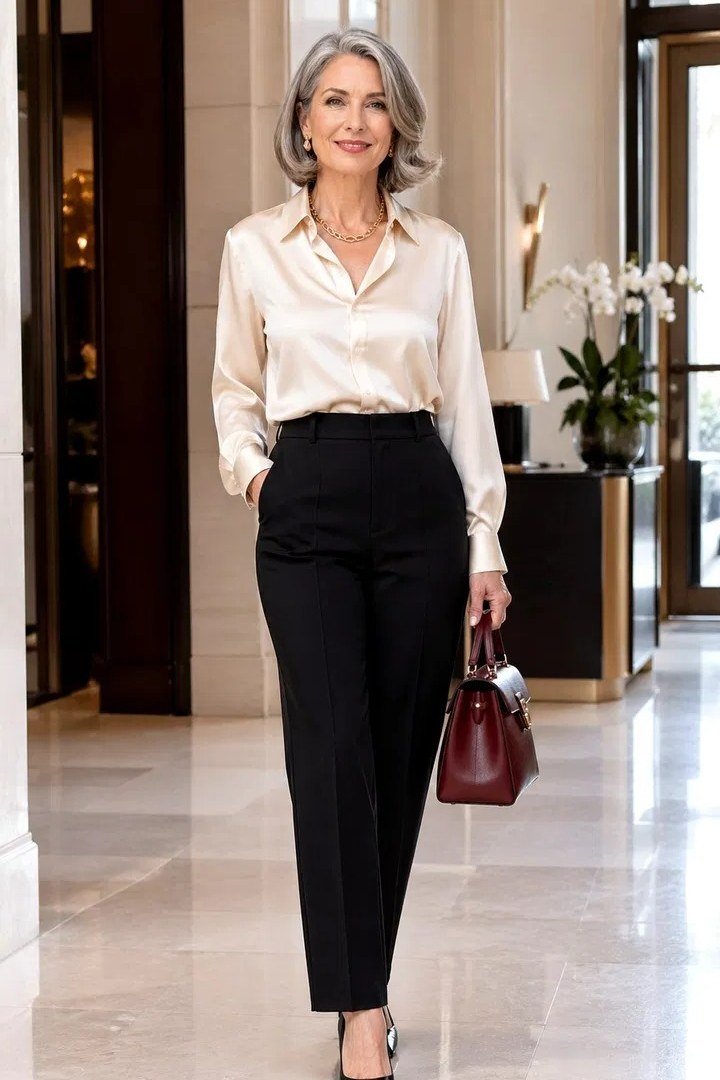 Champagne Satin Blouse with Black Pants, classy outfit for women over 60
