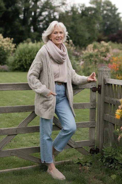 Woman over 50 wearing Beige cardigan with scarf and light jeans at a garden gate.