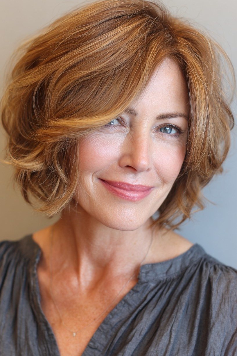 Copper auburn choppy bob with feathered layers for women over 60, front view