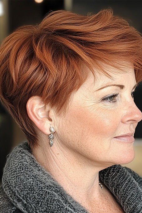 copper textured pixie haircut for women over 50 side view