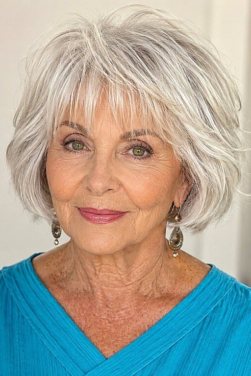 White pixie with bangs, front view, smiling, classic hairstyle for women over 70