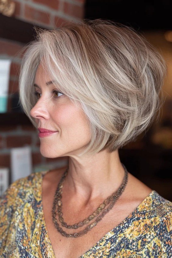 Silver layered bob side view, floral top, short layered bob hairstyle for women over 60