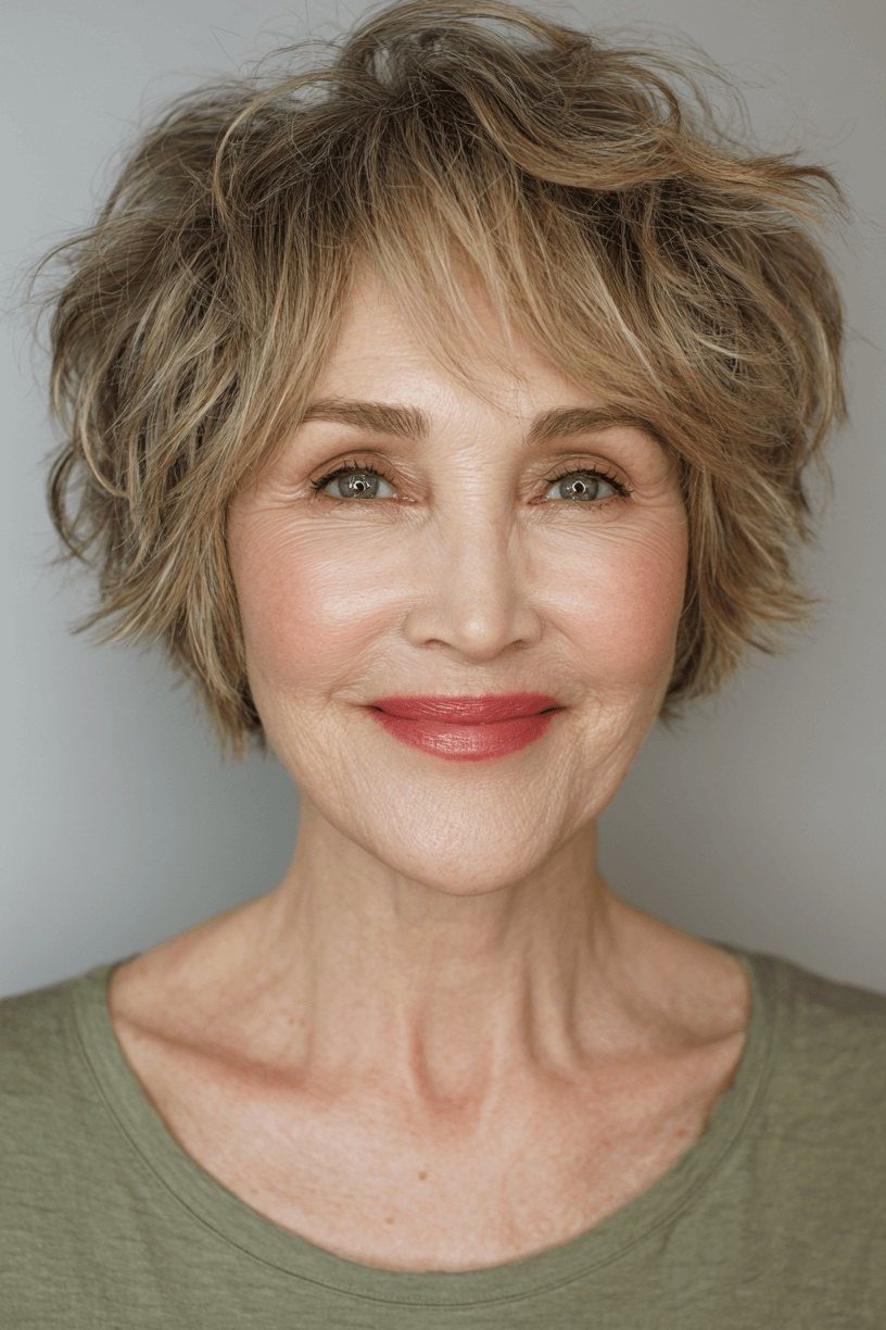blonde curly shag with bangs, smiling front view hairstyle for women over 70