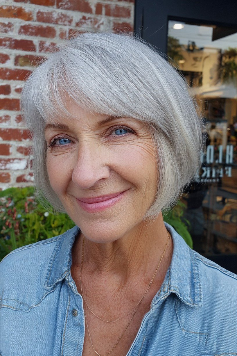 Soft silver french bob with bangs and denim shirt