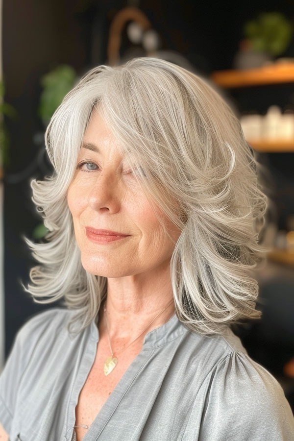 Layered Silver Bob - grey shoulder length hairstyle for women over 60