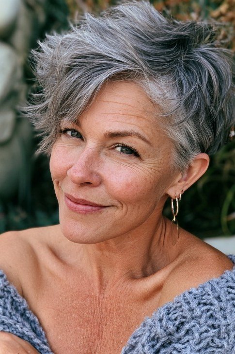 Silver feathered pixie, tousled texture, three-quarter view for women over 60