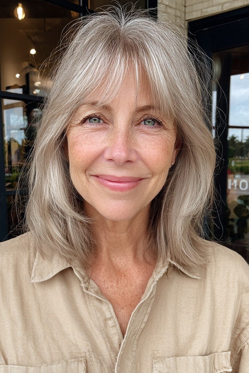 Silver medium haircut with curtain bangs for women over 60