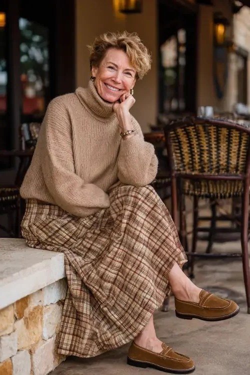 Camel sweater with plaid satin midi skirt for women over 50, fall date night outfit