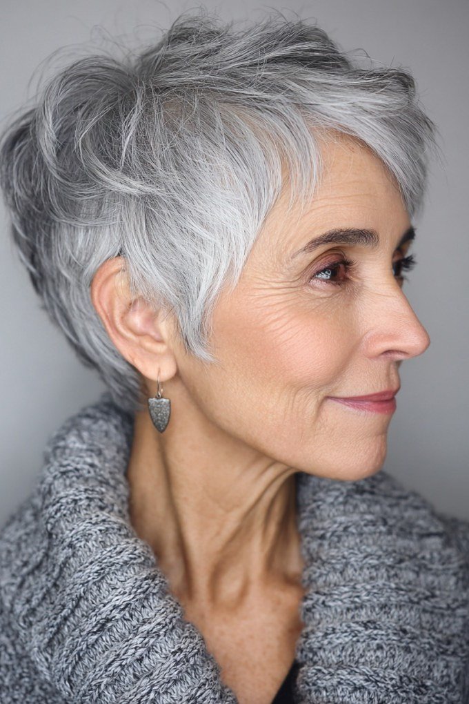 Silver pixie, side view - wispy hairstyle for women over 40