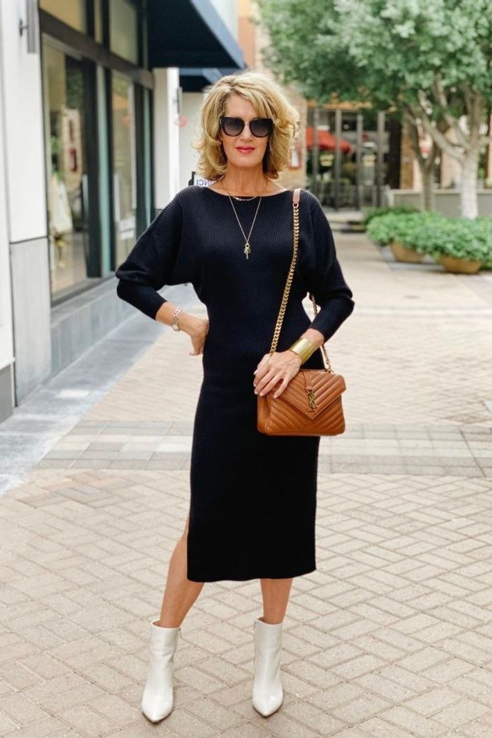 black knit midi with white boots for women over 60