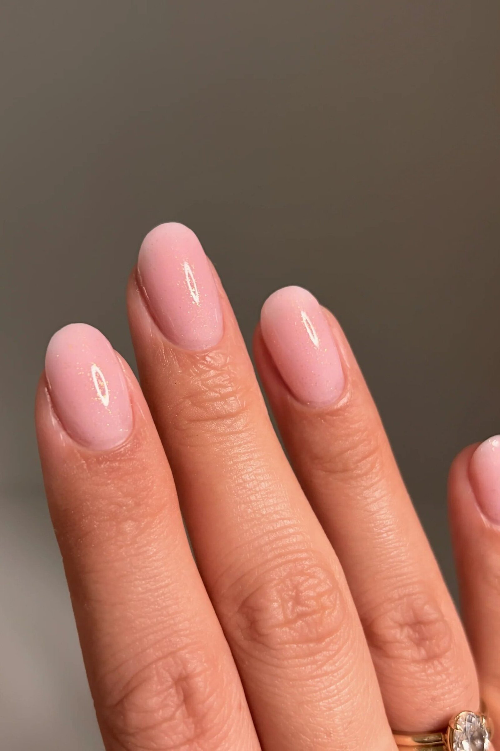short almond, soft milky pink, curled fingers , for women over 60