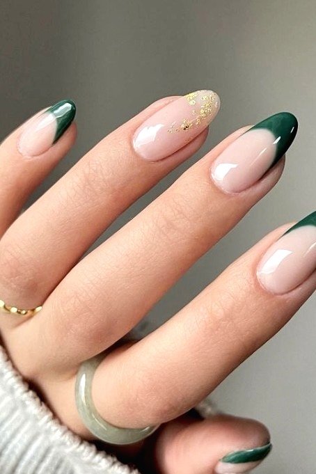 Nude base with green french tips - Christmas nail design for older women