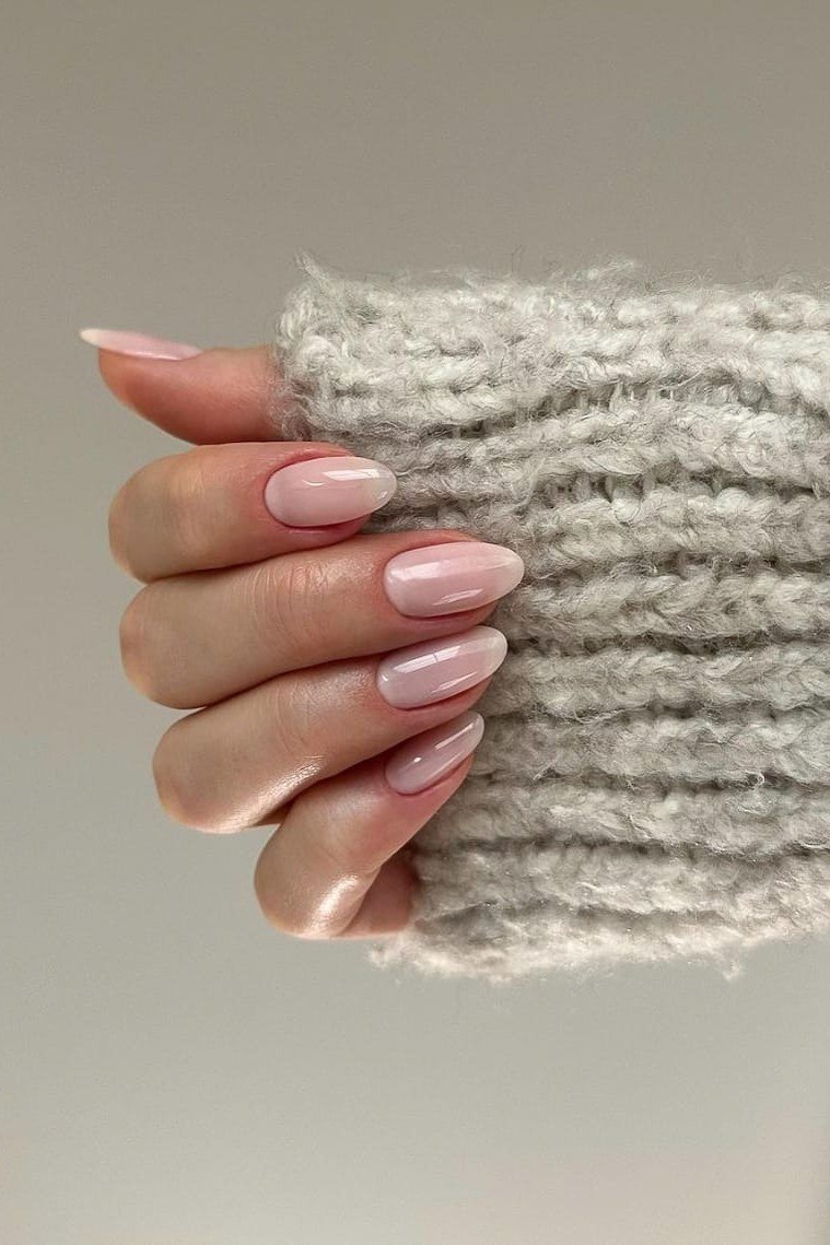 Nude nails with grey knit sweater