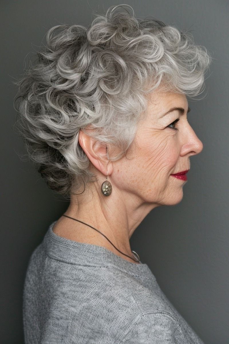 Short curly silver pixie with tight curls