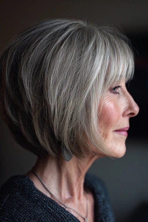 Silver Stacked Bob, Side Profile for women over 70