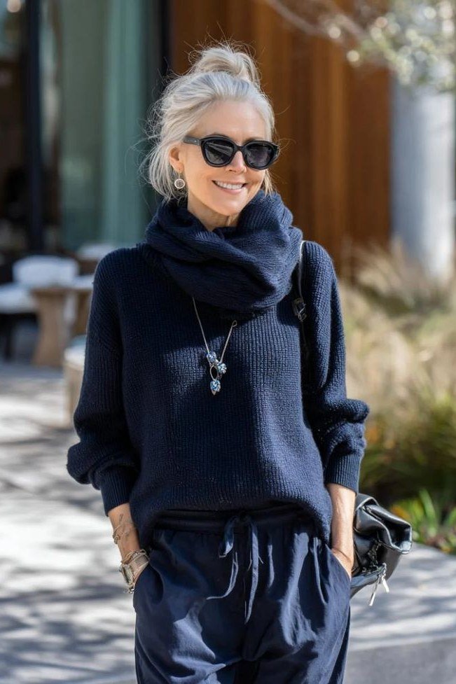 Stylish winter outfit for women over 60: navy cowl-neck knit set with pendant necklace on a city street