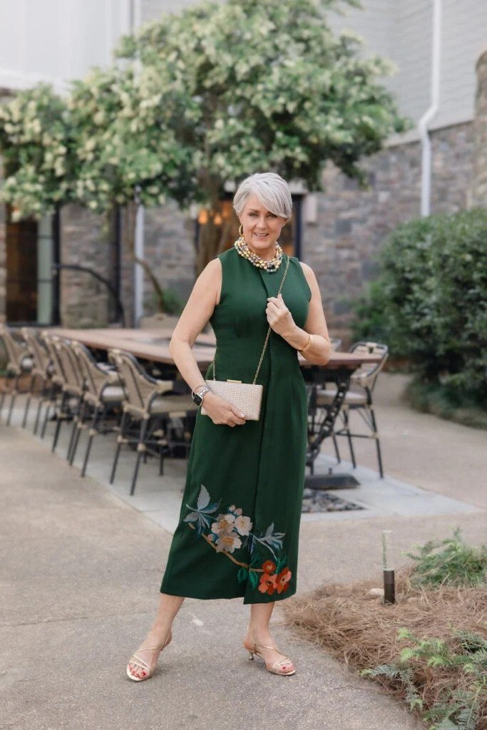 Dark-Green Floral-Embroidered Midi Dress - evening outfit for women over 60