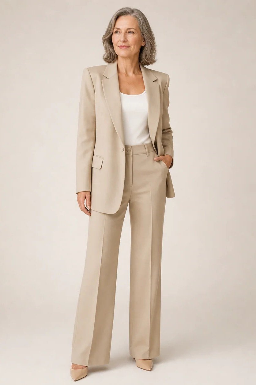 Beige pantsuit in a studio
